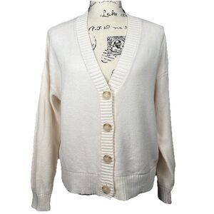 LOFT Sz L Chunky Knit V-neck Cropped Sweater Ivory 4 Button Cardigan